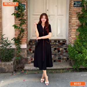Đầm thiết kế BEMINE chữ A cổ V phối viền B592
