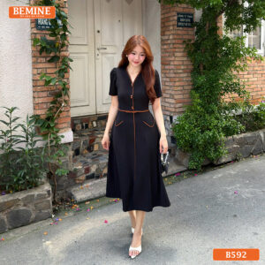 Đầm thiết kế BEMINE chữ A cổ V phối viền B592