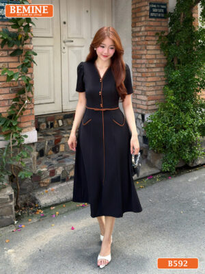 Đầm thiết kế BEMINE chữ A cổ V phối viền B592