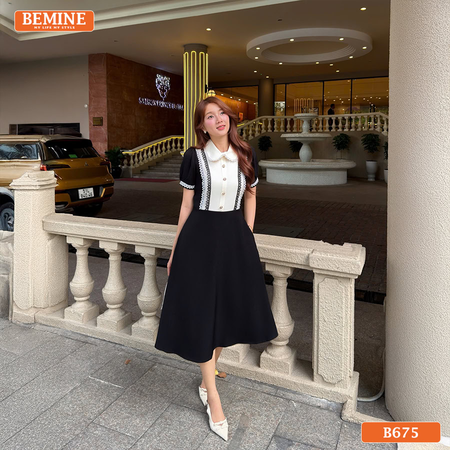 Đầm thiết kế BEMINE cổ sen viền ren dáng chữ A B675 4 Đầm thiết kế BEMINE B675 với chất liệu Cotton Thái thoáng mát