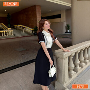 Đầm thiết kế BEMINE cổ sen viền ren dáng chữ A B675 - thời trang công sở