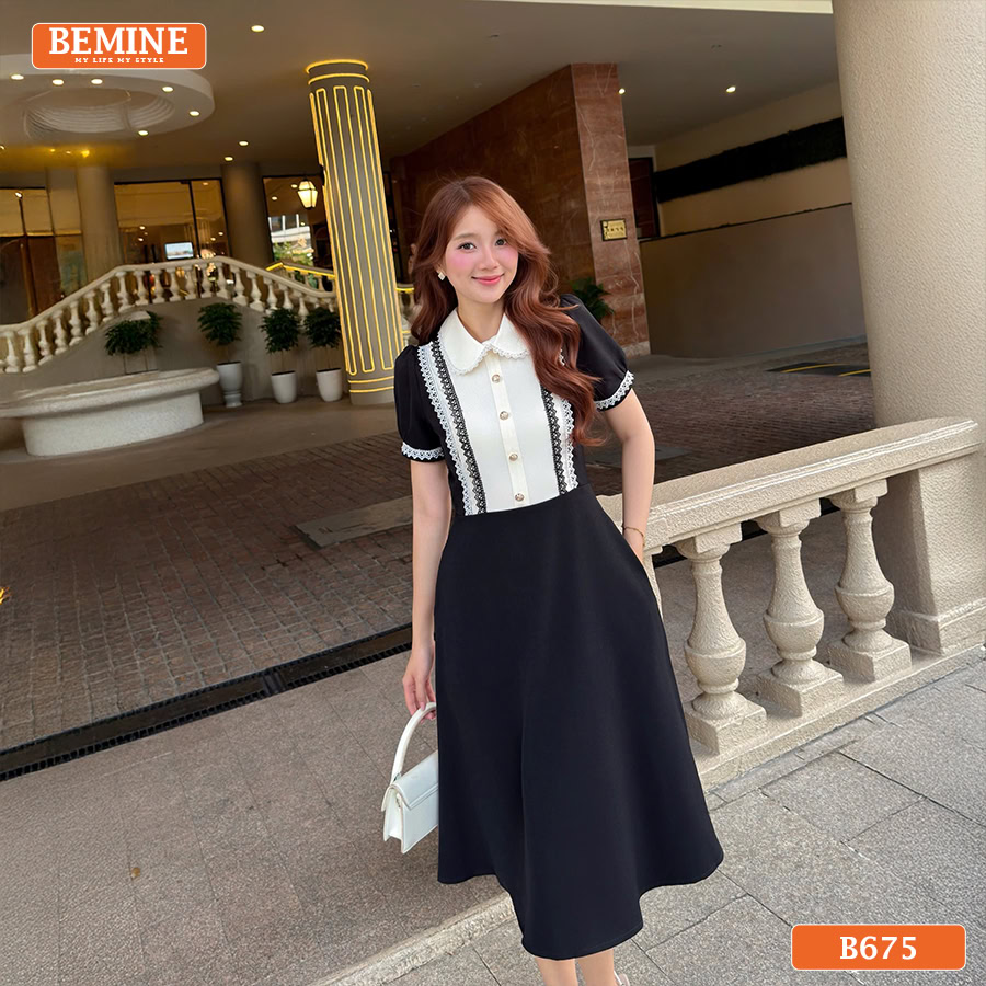 Đầm thiết kế BEMINE cổ sen viền ren dáng chữ A B675 2 B675 3