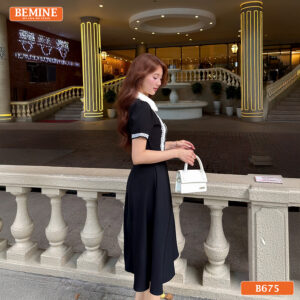 Đầm thiết kế BEMINE cổ sen viền ren dáng chữ A B675 - thời trang trung niên