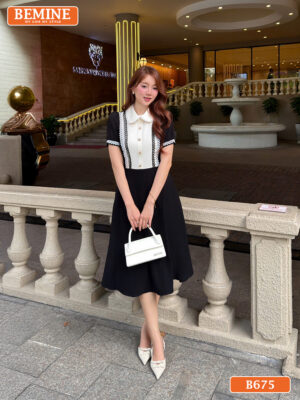 Đầm thiết kế BEMINE cổ sen viền ren dáng chữ A B675 - BEMINE fashion