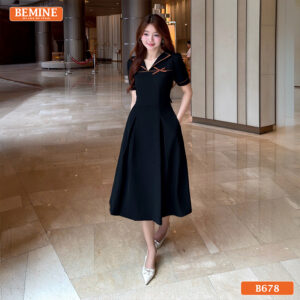 Đầm thiết kế BEMINE cổ thủy thủ phối viền dáng chữ A B678 - thoi trang tuoi 30 den 40