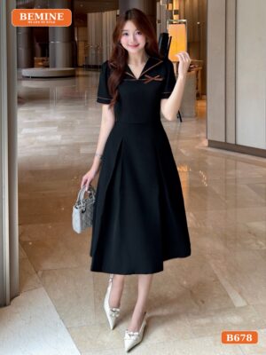 Đầm thiết kế BEMINE cổ thủy thủ phối viền dáng chữ A B678 - váy dành cho người mập lùn