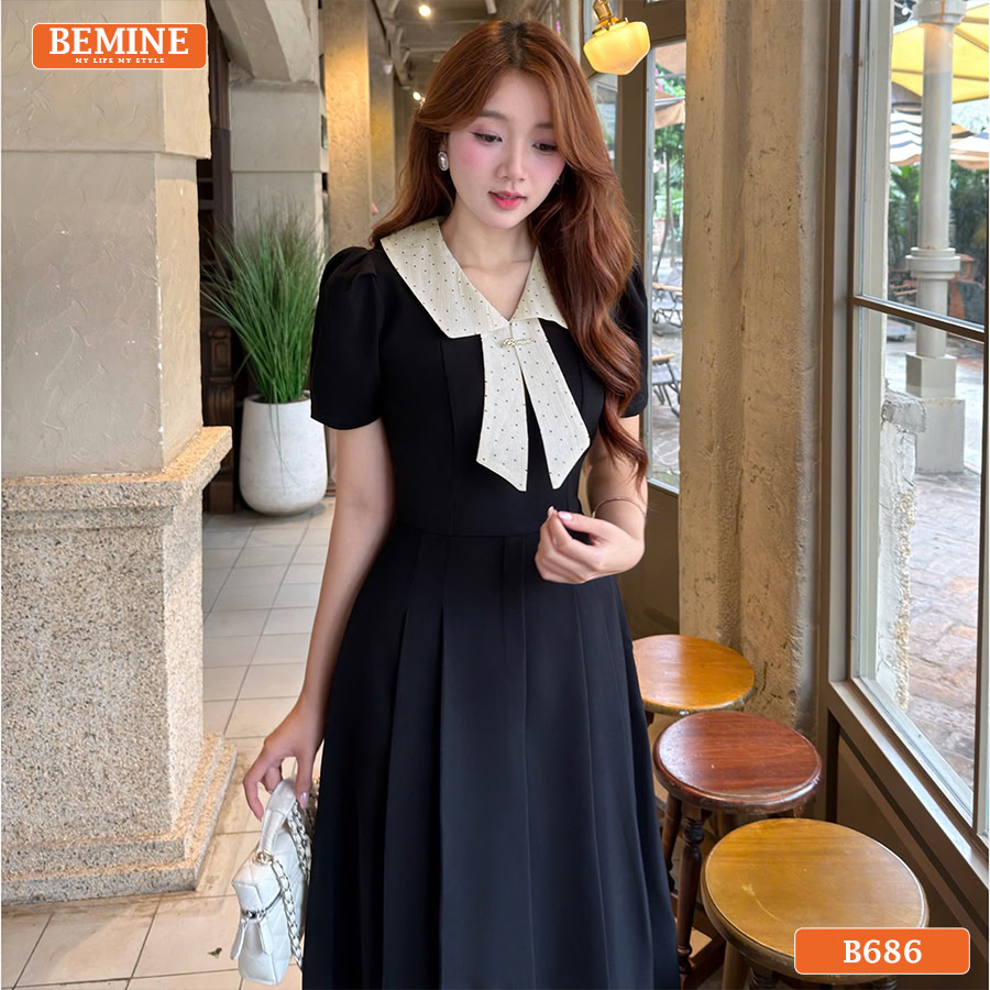 Đầm thiết kế BEMINE cổ chữ v phối tơ in bi dáng chữ A B686 - BEMINE fashion vietnam