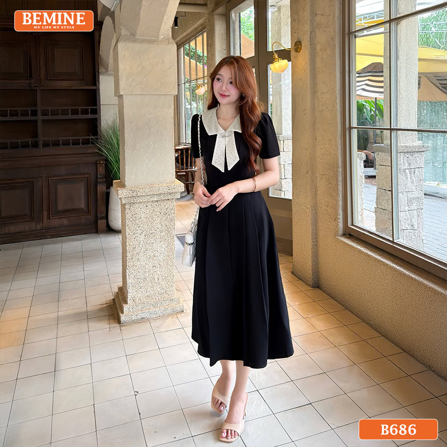 Đầm thiết kế BEMINE cổ chữ v phối tơ in bi dáng chữ A B686 2 Tạo điểm nhấn với phụ kiện cùng đầm công sở BEMINE B686.