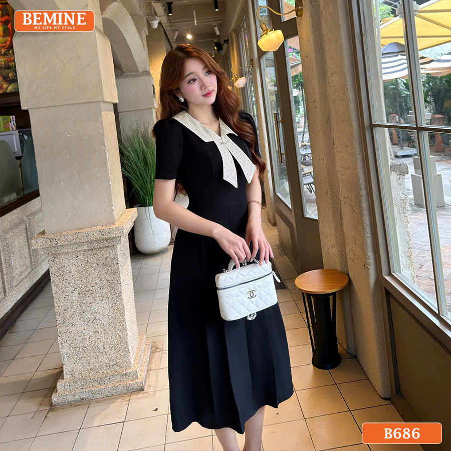 Đầm thiết kế BEMINE cổ chữ v phối tơ in bi dáng chữ A B686 - mẫu đầm suông mới nhất