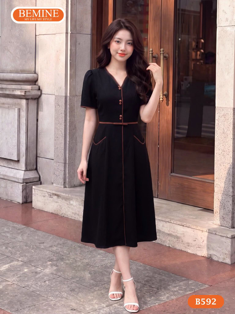 Đầm công sở chữ a cổ v phối viền BEMINE , thoải mái B592 1 Đầm công sở chữ a cổ v phối viền BEMINE , thoải mái B592