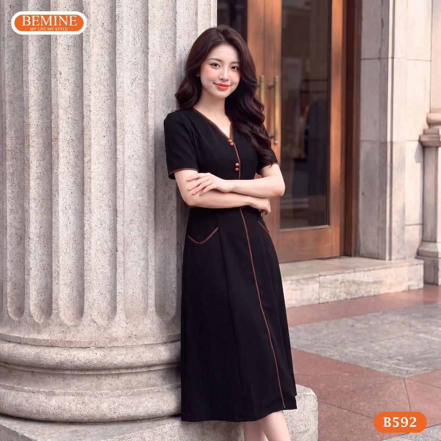 Đầm công sở chữ a cổ v phối viền BEMINE , thoải mái B592 3 Lợi ích và đặc điểm nổi bật của đầm chữ A BEMINE B592