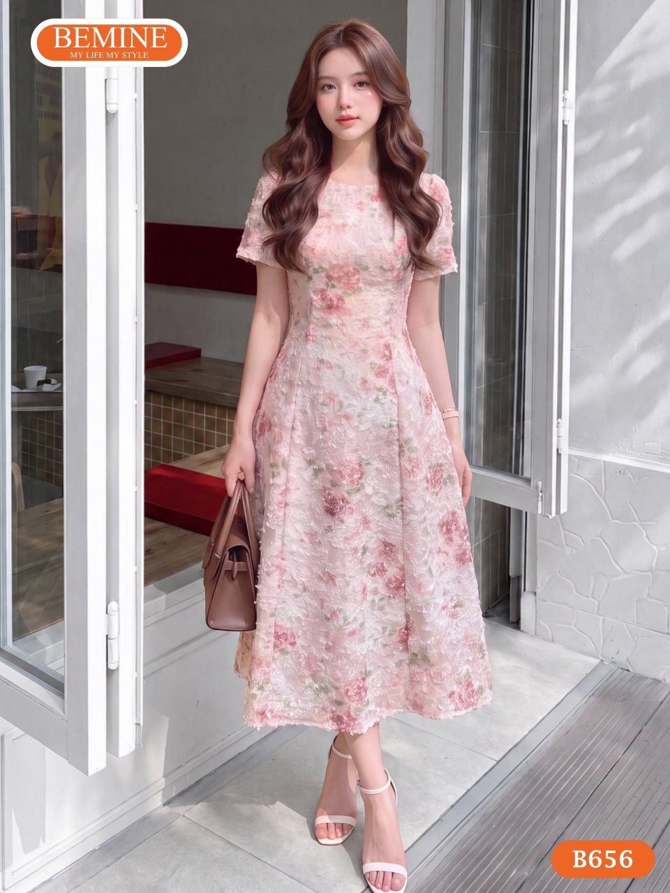 Đầm hoa dáng a BEMINE cổ tròn họa tiết hoa nổi đi chơi B656 1 Đầm hoa dáng a BEMINE cổ tròn họa tiết hoa nổi đi chơi B656