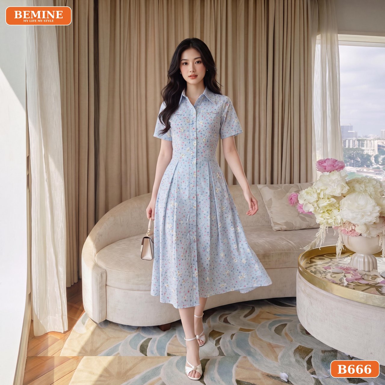 Chi tiết thêu hoa trên đầm sơ mi BEMINE B666