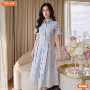 Đầm thiết kế BEMINE cổ sơ mi thêu hoa dáng dài B666