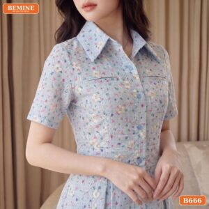 Đầm thiết kế BEMINE cổ sơ mi thêu hoa dáng dài B666
