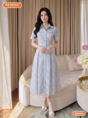 Đầm thiết kế BEMINE cổ sơ mi thêu hoa dáng dài B666