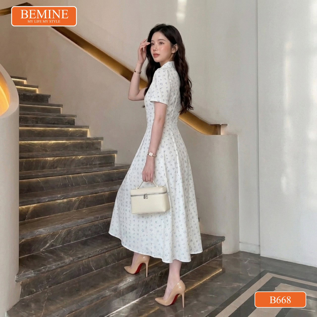 Gợi ý phối đồ với đầm thiết kế BEMINE cổ sơ mi in hoa dáng chữ A công sở B668