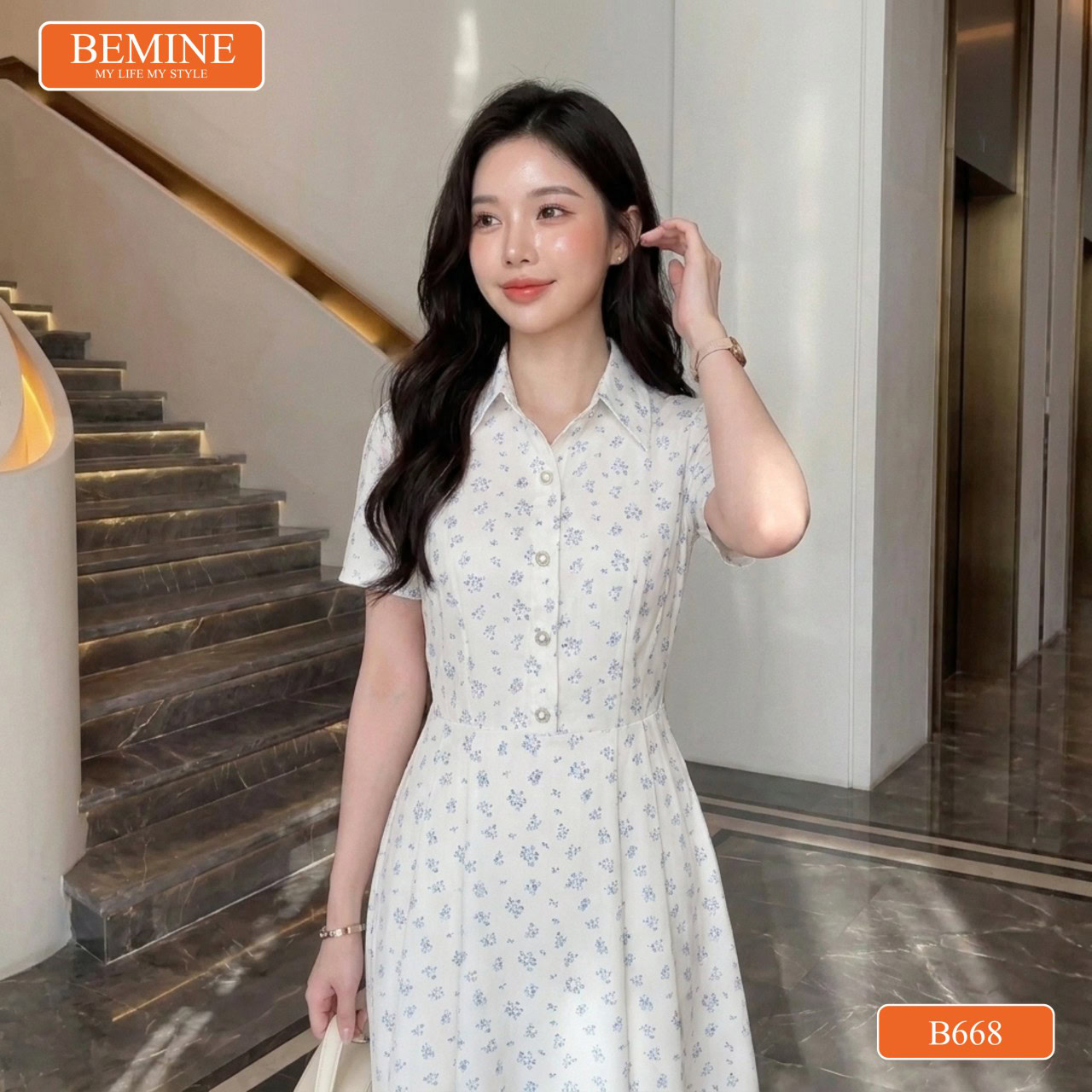 Họa tiết in hoa duyên dáng trên Đầm thiết kế BEMINE B668