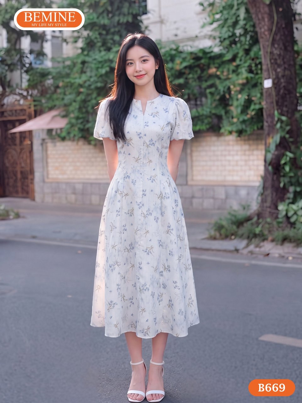 Đầm hoa dáng chữ a BEMINE cổ tròn xẻ v họa tiết B669