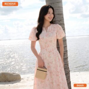 Đầm hoa dáng chữ a BEMINE cổ tròn xẻ v họa tiết B669