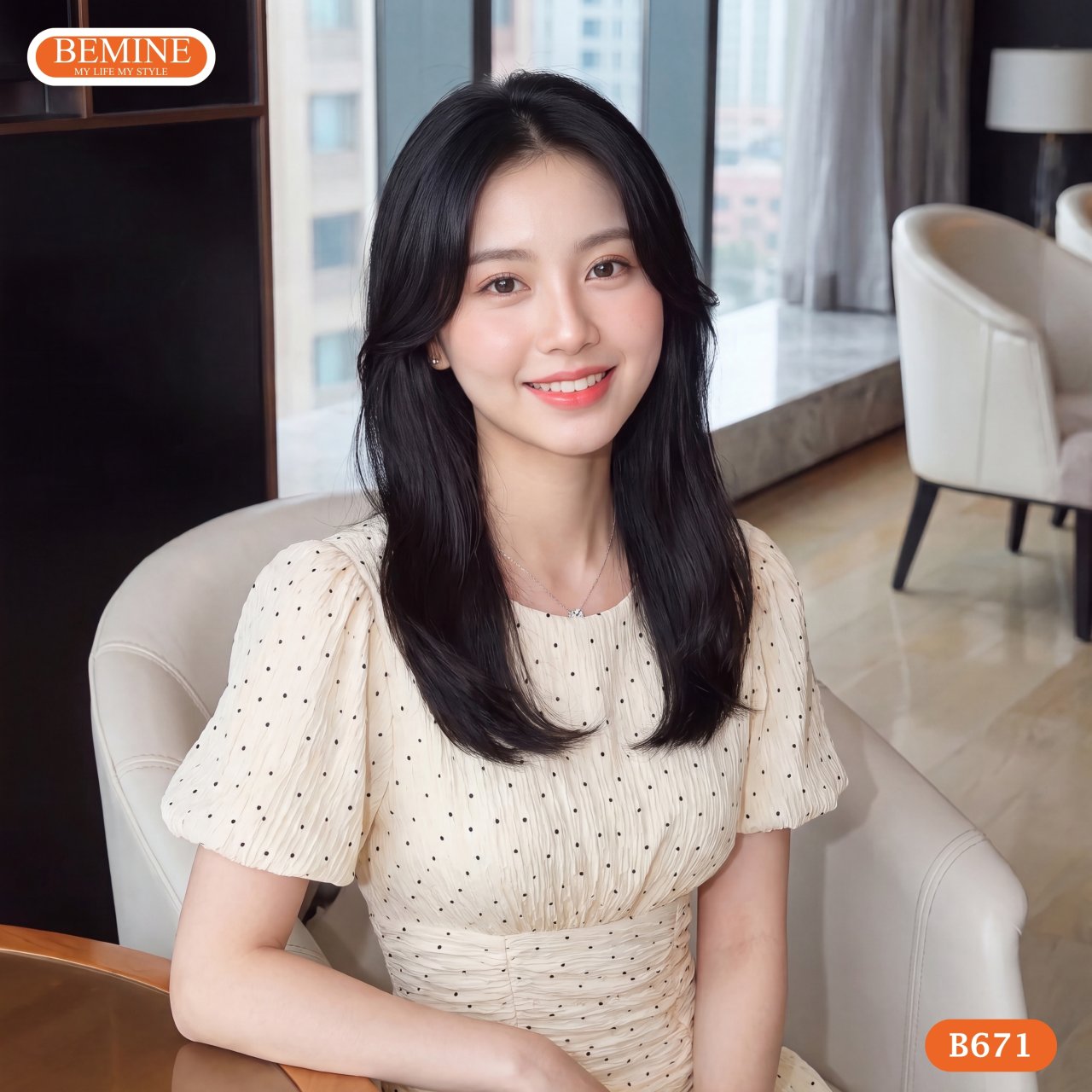 Chi tiết chất liệu tơ xốp in của đầm BEMINE B671