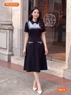 Đầm Công Sở BEMINE B672 | Cổ Sơ Mi Phối Sọc Dáng Chữ A Thanh Lịch hình ảnh