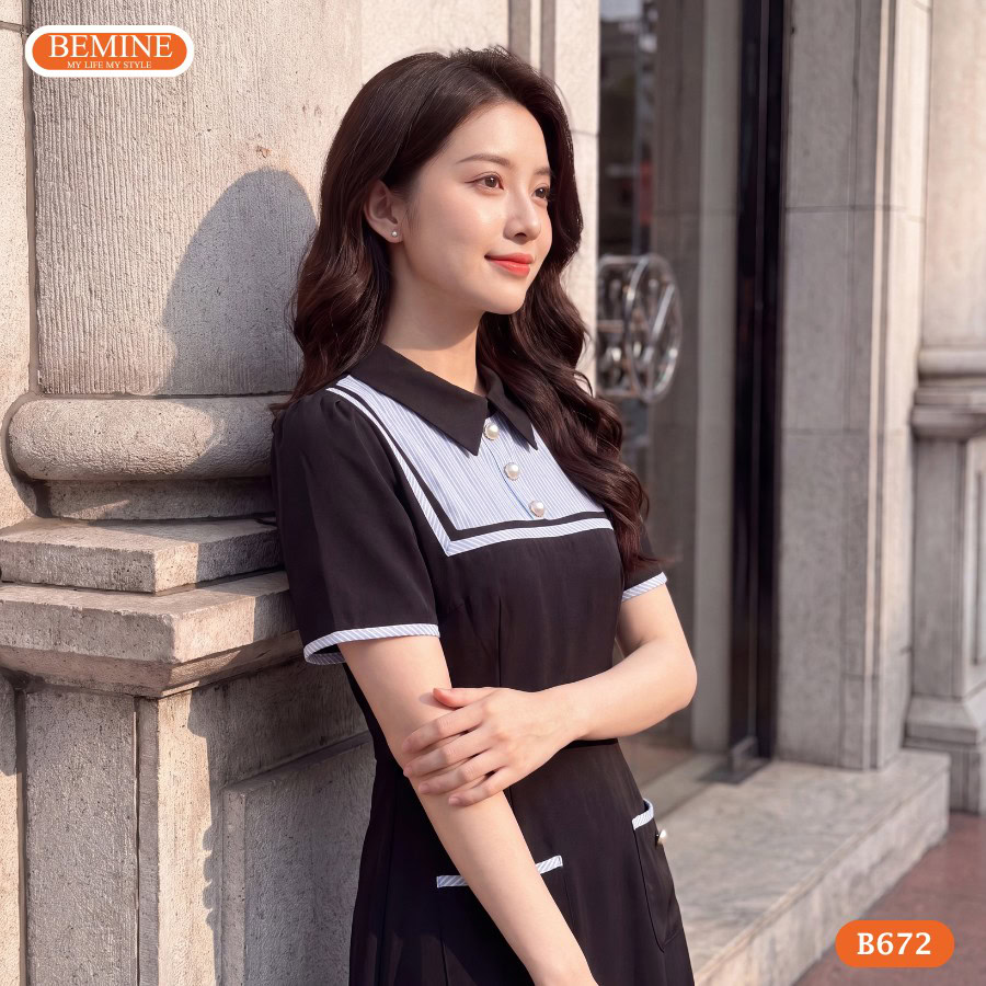 Chi tiết đầm công sở BEMINE B672 Đầm BEMINE B672 chất liệu Cotton Thái