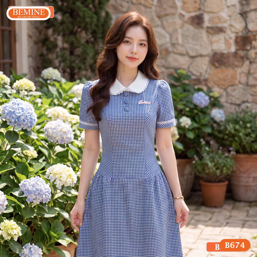 Đầm cổ sen caro BEMINE dáng chữ a B674 5 Chất liệu xước caro cao cấp của Đầm cổ sen caro BEMINE dáng chữ a B674 B674