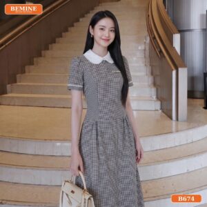 Đầm cổ sen caro BEMINE dáng chữ a B674
