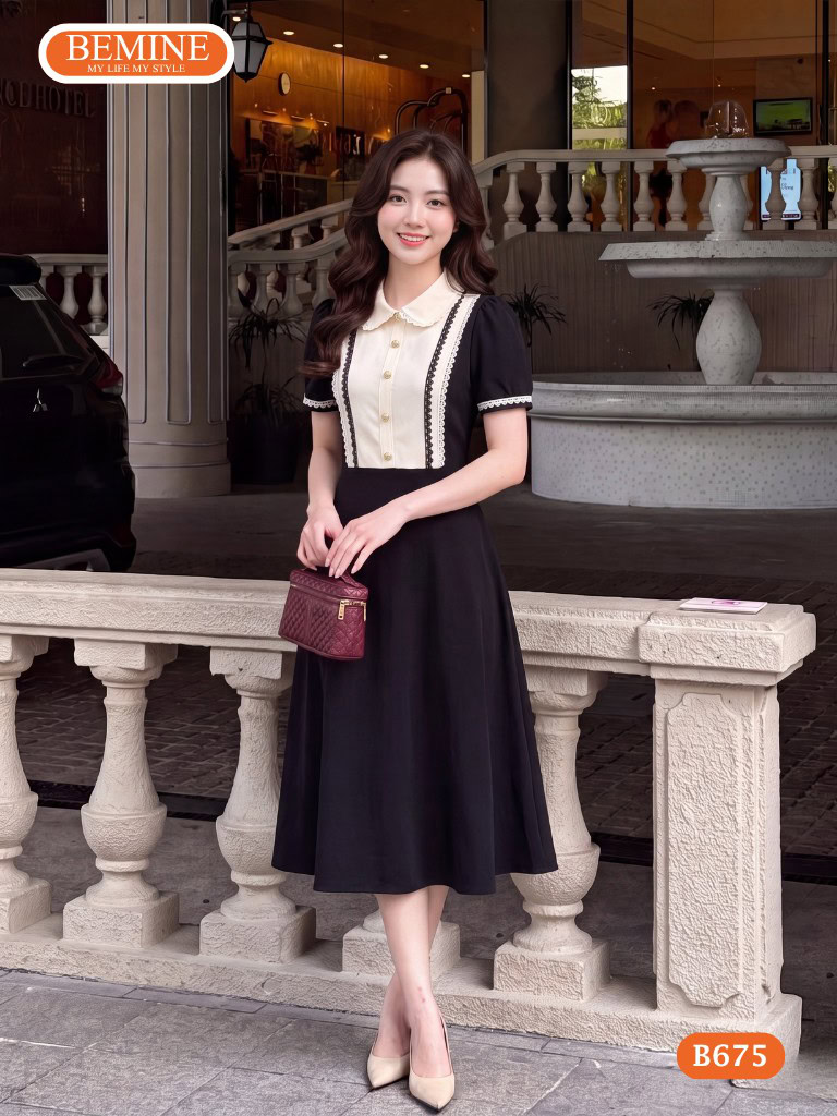 Đầm thiết kế BEMINE cổ sen viền ren dáng chữ A B675 1 đầm công sở cổ sen dáng chữ A