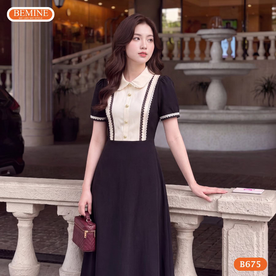 Đầm thiết kế BEMINE cổ sen viền ren dáng chữ A B675 4 Đầm thiết kế BEMINE B675 với chất liệu Cotton Thái thoáng mát