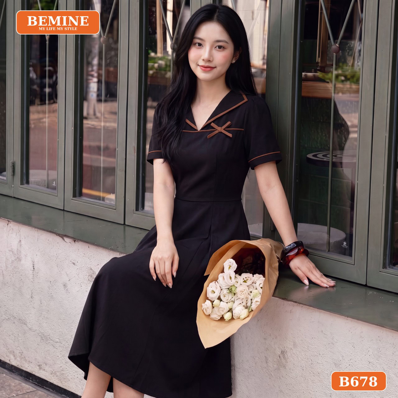 Đầm thiết kế BEMINE cổ thủy thủ phối viền dáng chữ A B678 3 Phối đồ thanh lịch với đầm công sở BEMINE B678