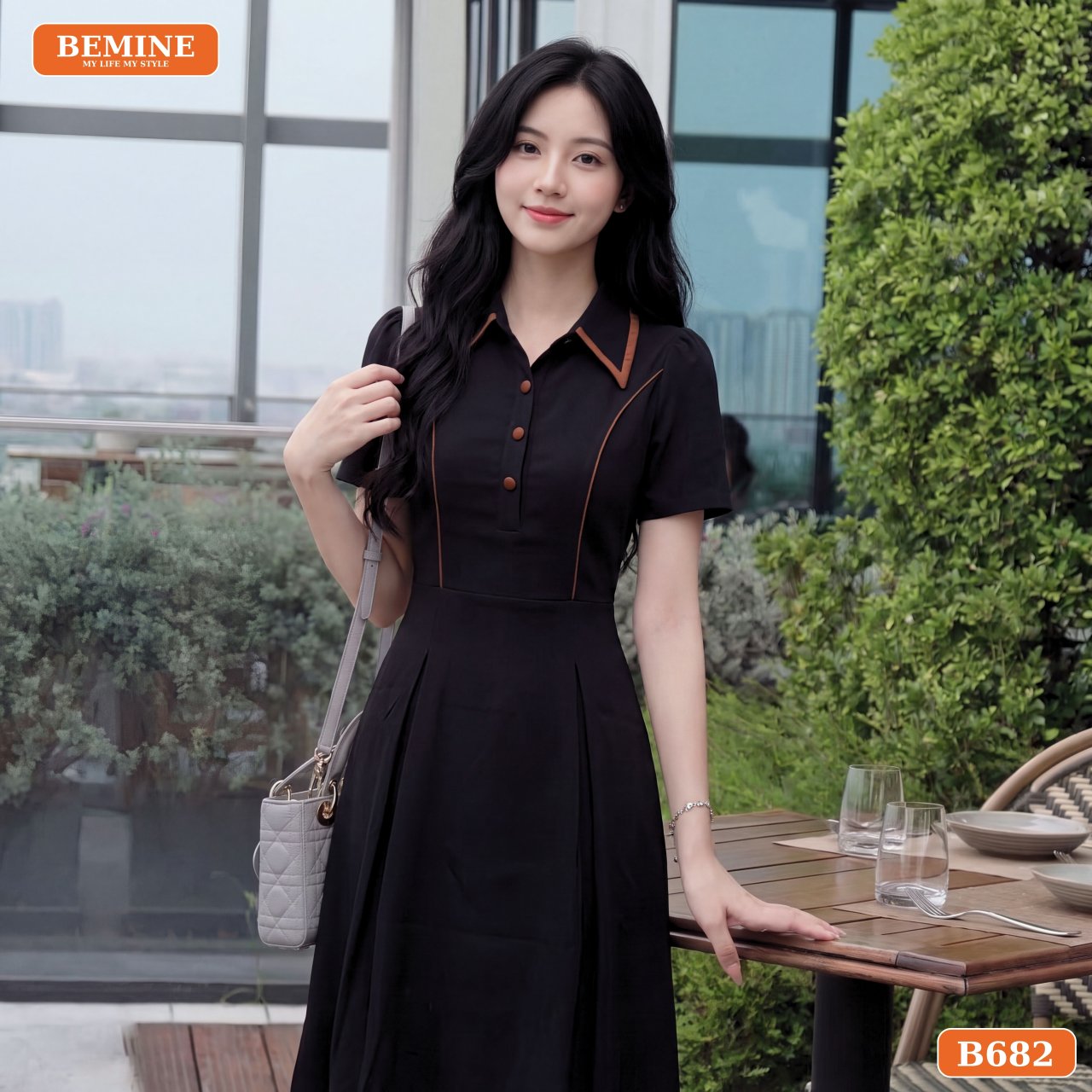Phối đồ với đầm công sở cổ sơ mi dáng chữ A BEMINE B682