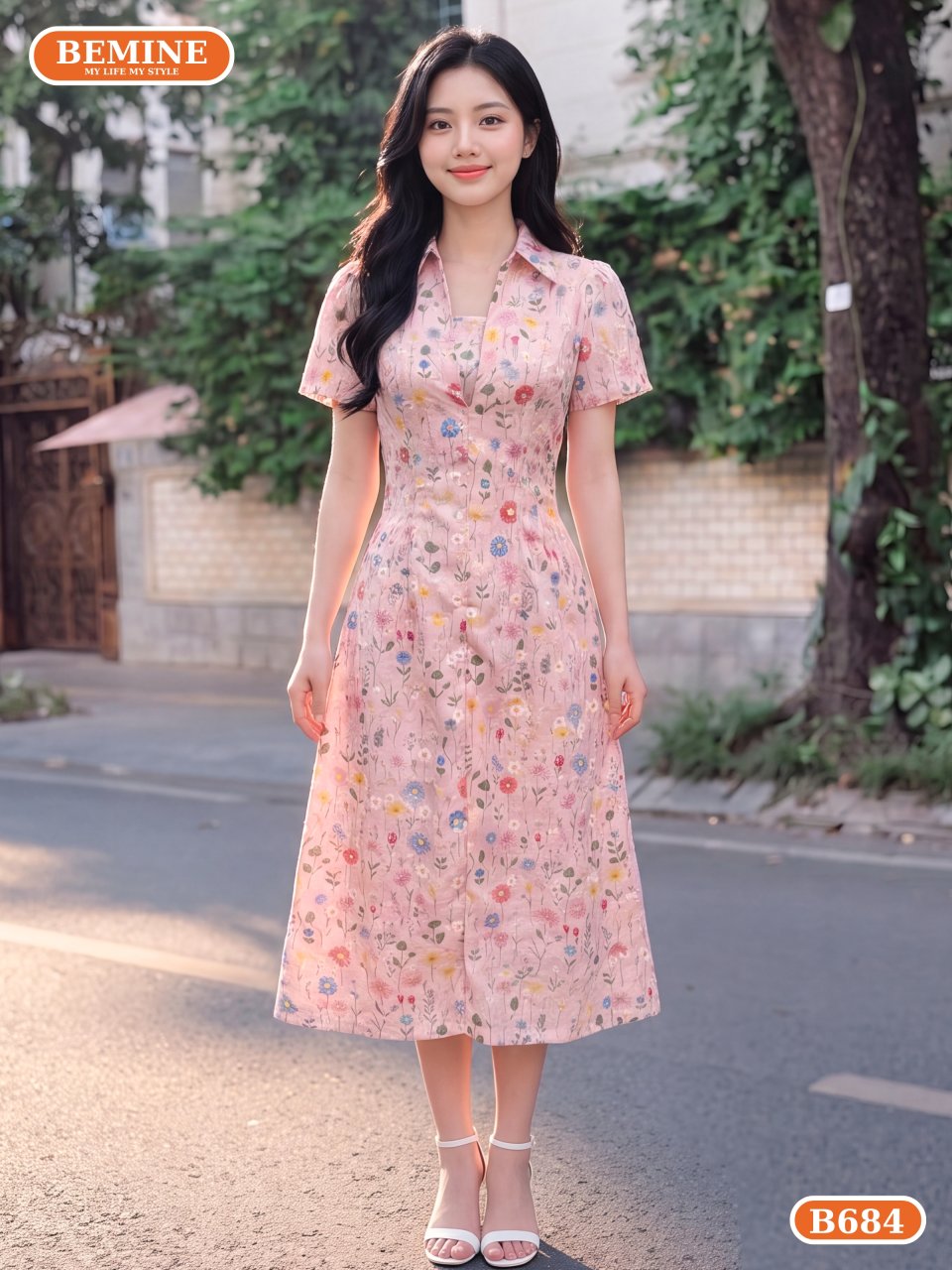 Đầm thiết kế BEMINE cổ sơ mi thêu hoa dáng chữ A B684 1 đầm cổ sơ mi thêu hoa