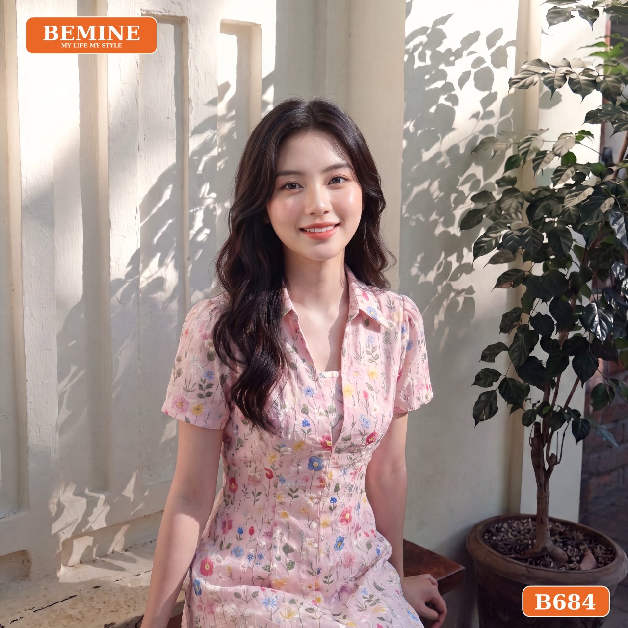 Đầm thiết kế BEMINE cổ sơ mi thêu hoa dáng chữ A B684 3 Chi tiết thêu hoa trên đầm cổ sơ mi BEMINE B684, thể hiện sự tinh xảo