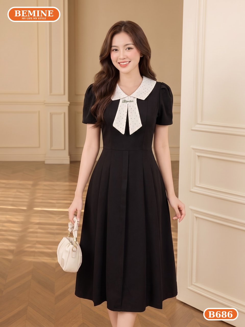 Đầm thiết kế BEMINE cổ chữ v phối tơ in bi dáng chữ A B686 1 đầm thiết kế cổ chữ v phối tơ in bi dáng chữ A B686