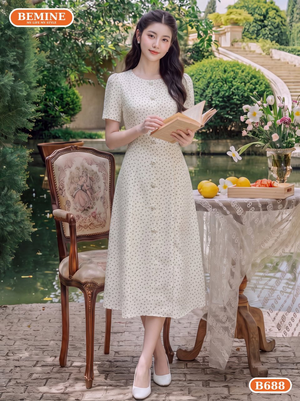 đầm thiết kế cổ tròn có cúc in hoa dáng dài B688