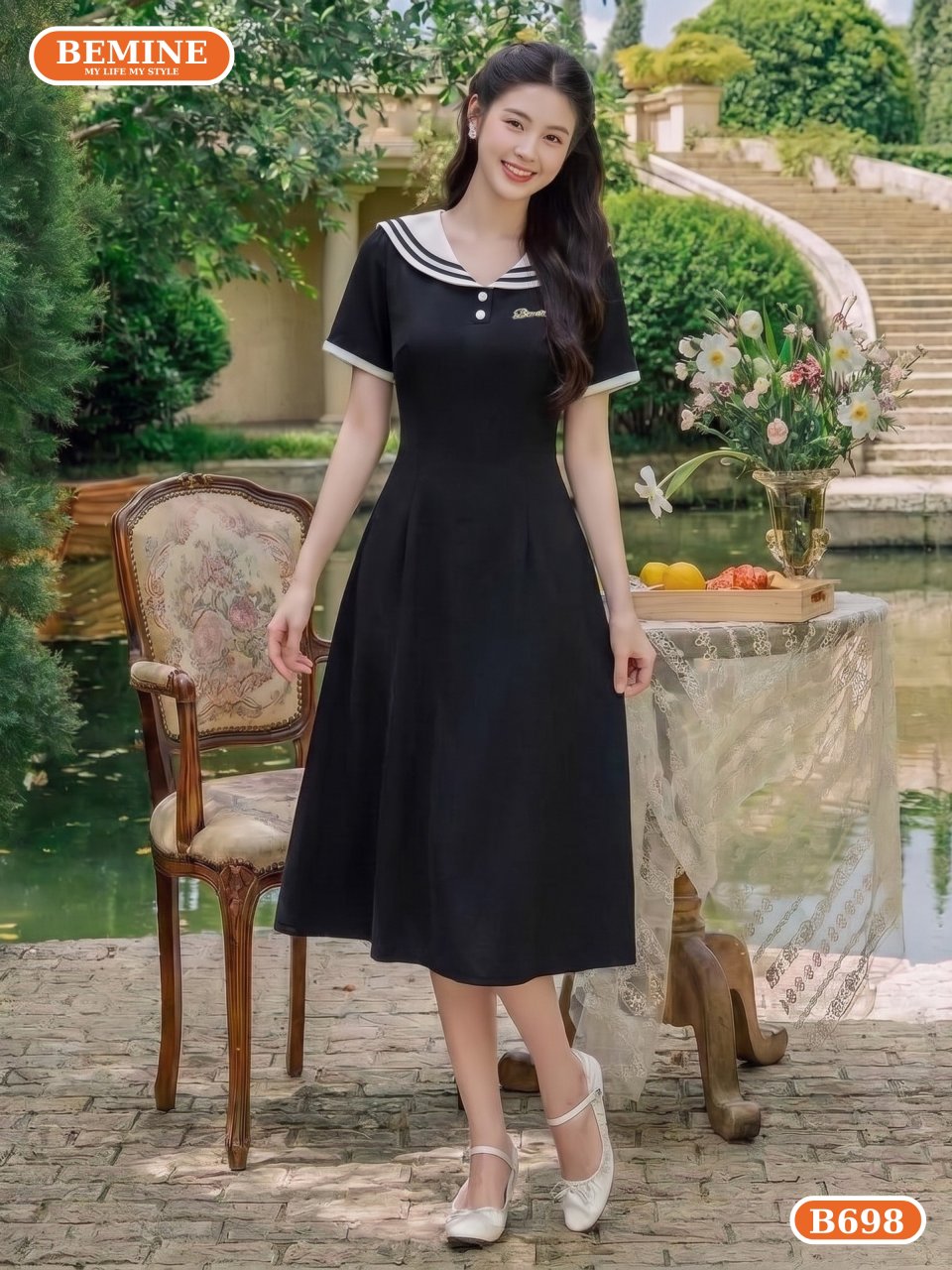đầm thiết kế cổ thủy thủ phối viền dáng chữ A B698