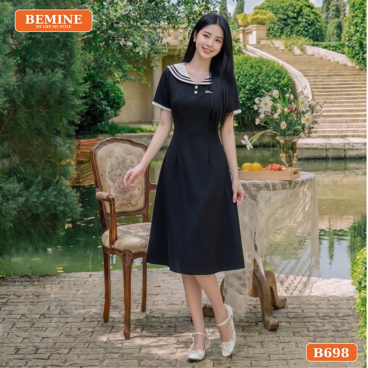 Đầm đen cổ vuông dáng xòe che bụng tốt không và cách chọn tôn dáng 27 Vải tuyết mưa dệt đanh dày dặn phẳng phiu mặt trước