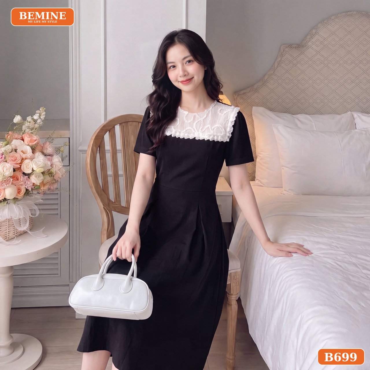 Chi tiết cổ tròn phối ren hoa của Đầm BEMINE B699