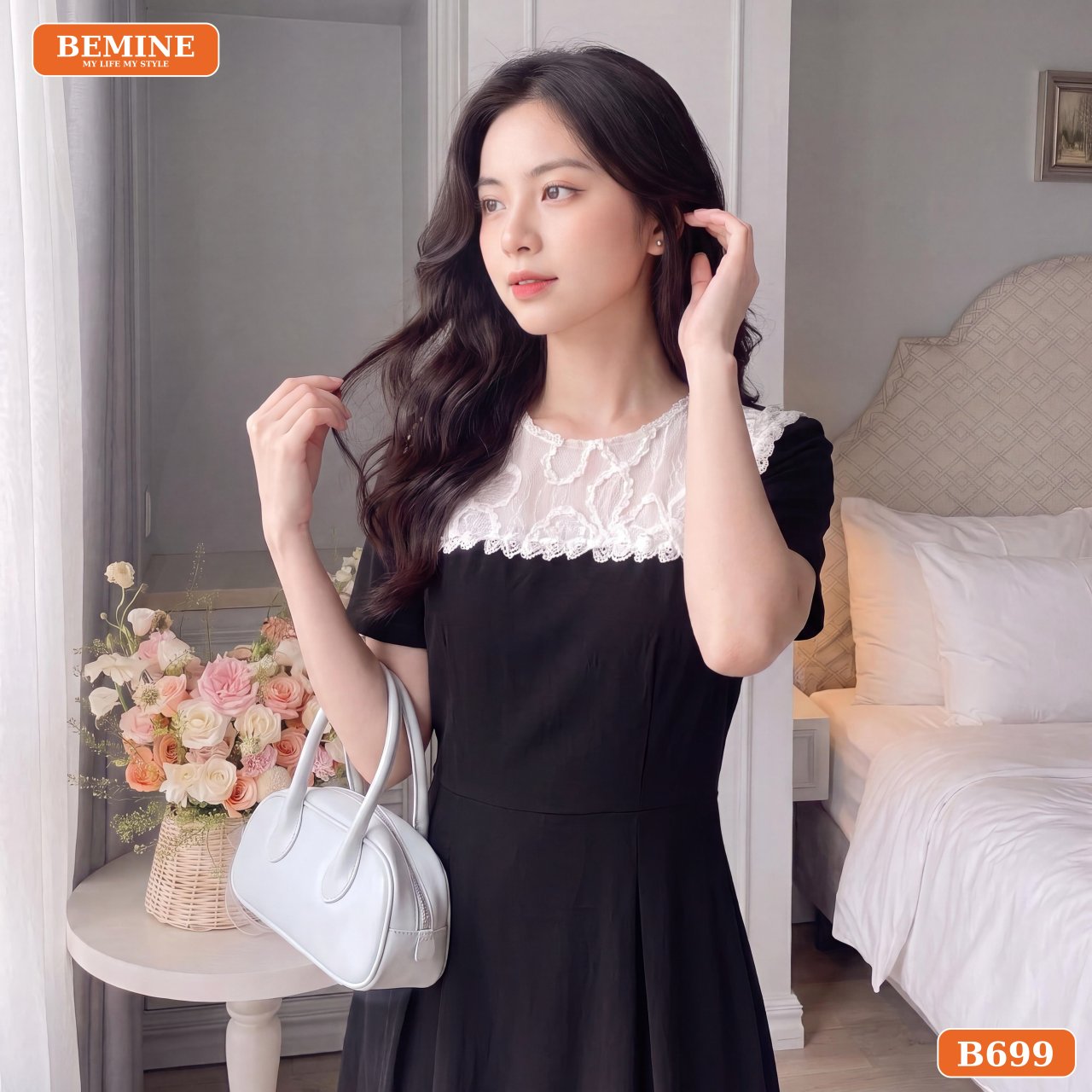 Đầm BEMINE B699 kết hợp cùng áo blazer cho phong cách công sở