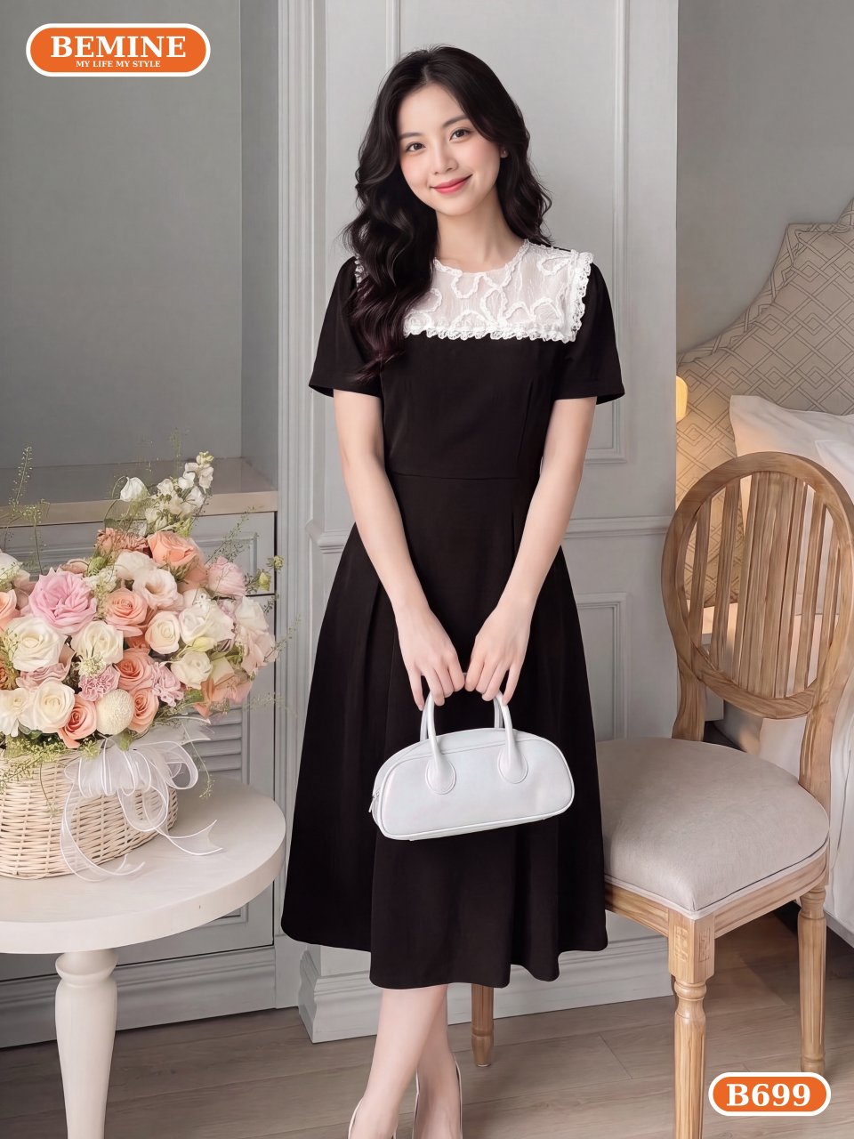 đầm thiết kế cổ tròn phối ren hoa dáng chữ A B699