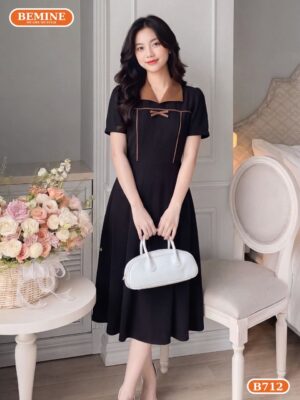 Đầm thiết kế BEMINE cổ sơ mi phối viền nơ dáng chữ A B712 hình ảnh