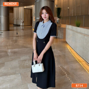Chi tiết đầm công sở BEMINE B714 với nút giả và khóa sau