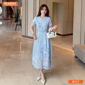 Đầm thiết kế BEMINE cổ tròn thêu hoa dáng dài B717 - đầm BEMINE