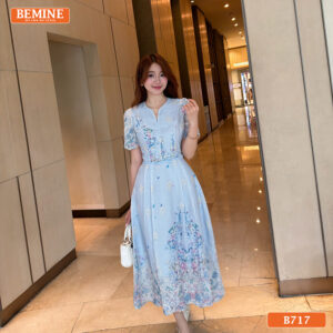 Đầm thiết kế BEMINE cổ tròn thêu hoa dáng dài B717 - váy đuôi cá