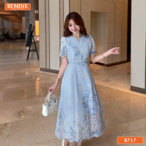 Đầm thiết kế BEMINE cổ tròn thêu hoa dáng dài B717 - váy ren
