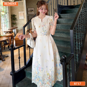 Đầm thiết kế BEMINE cổ tròn thêu hoa dáng dài B717 - món quà tặng mẹ