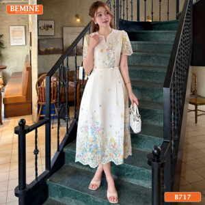 đầm thiết kế cổ tròn thêu hoa dáng dài B717