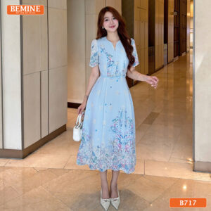 Đầm thiết kế BEMINE cổ tròn thêu hoa dáng dài B717 - đầm công sở